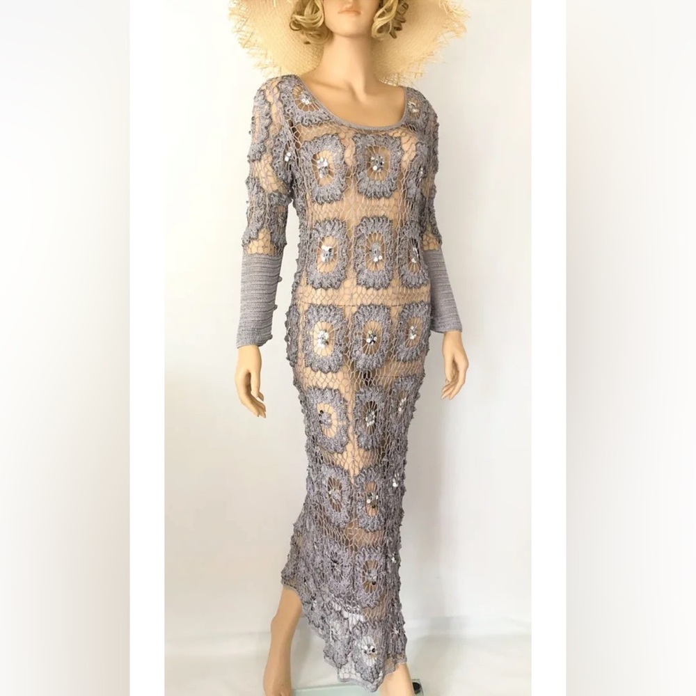 Crochet knitted Maxi dress SZ M grey bodycon high fashion Y2K vintage couture